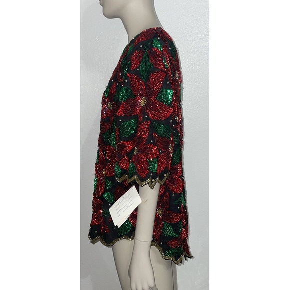 VTG Laurence Kazar Women's Black Sequined Beaded Poinsettia Christmas Top 2X NWT - Picture 7 of 16